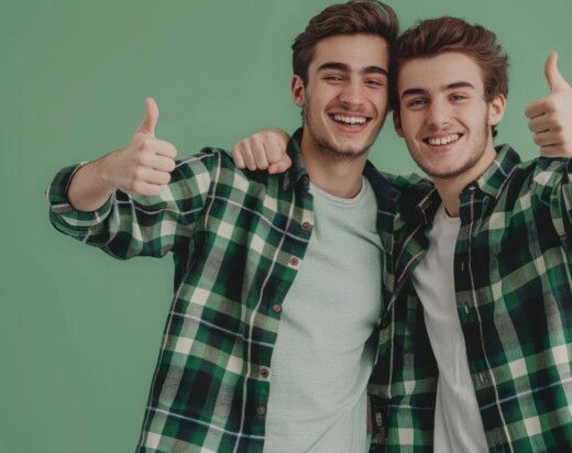 Two young men in green plaid shirts smiling and giving thumbs up.